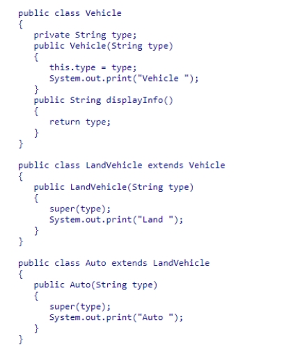 Consider the following class hierarchy: When an object of type Auto is constructed, what will be printed by the constructors from this inheritance hierarchy? A.Vehicle Land Auto B.Auto Land Vehicle C.Land Auto Vehicle D.Auto