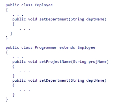 Consider the following code snippet: Which of the following statements is correct? A.An object of type Programmer can call the setDepartment method of the Employee class on itself. B.An object of type Employee can call the setProjectName method on itself. C.The Employee class's setDepartment method overrides the Programmer class's setDepartment method. D.An object of type Employee can call the setDepartment method of the Programmer class on itself.