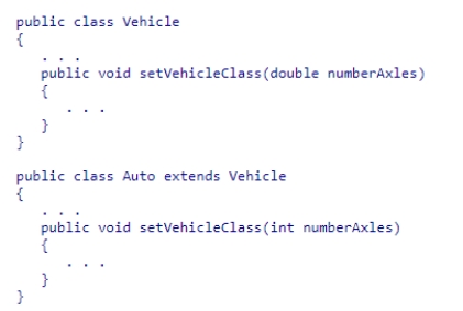 Consider the following code snippet: Which of the following statements is correct? A.The Auto class overrides the setVehicleClass method. B.The Vehicle class overrides the setVehicleClass method. C.The Auto class overloads the setVehicleClass method. D.The Vehicle class overloads the setVehicleClass method.