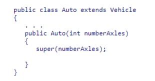 Consider the following code snippet: What does this code do? A.It invokes the constructor of the Vehicle class from within the constructor of the Auto class. B.It invokes the constructor of the Auto class from within the constructor of the Vehicle class. C.It invokes a private method of the Vehicle class from within a method of the Auto class. D.This code will not compile.