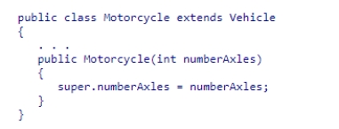Consider the following code snippet: What does this code do? A.It invokes the constructor of the Vehicle class from within the constructor of the Motorcycle class. B.It invokes the constructor of the Motorcycle class from within the constructor of the Vehicle class. C.It invokes a private method of the Vehicle class from within a method of the Motorcycle class. D.It attempts to access directly an instance variable of the Vehicle superclass rather than using a constructor or an accessor.
