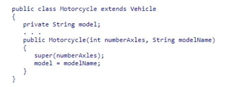 Consider the following code snippet: What does this code do? A.It invokes the constructor of the Vehicle class from within the constructor of the Motorcycle class. B.It invokes the constructor of the Motorcycle class from within the constructor of the Vehicle class. C.It invokes a private method of the Vehicle class from within a method of the Motorcycle class. D.This code will not compile.