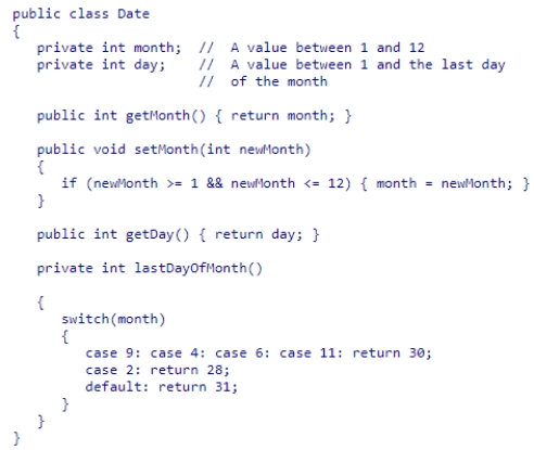 <strong>Consider the partial Date class below which represents a day of the year. What type of method is setMonth? </strong> A)mutator B)accessor C)constructor D)immutable