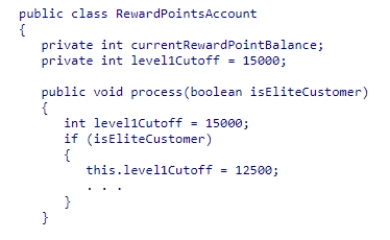 <strong>Consider the following code snippet: Which of the following statements is true? </strong> A)It is illegal to declare the level1Cutoff variable within the process method B)The code within the process method changes the value of the instance variable level1Cutoff for elite customers C)The level1Cutoff variable within the process method does not change the level1Cutoff instance variable for elite customers D)The level1Cutoff class variable cannot have the same name as the level1Cutoff local variable within the process method