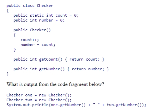 <strong>Consider the Checker class below. </strong> A)1 2 B)1 1 C)2 1 D)2 2