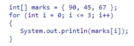 <strong>What is the result of executing this code snippet?   </strong> A)The code snippet does not give any output. B)The code snippet displays all the marks stored in the array without any redundancy. C)The code snippet causes a bounds error. D)The code snippet executes an infinite loop. <div style=padding-top: 35px> 