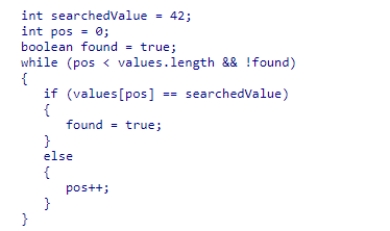 The code snippet below is intended to perform a linear search on the array values to find the location of the value 42.What is the error in the code snippet?