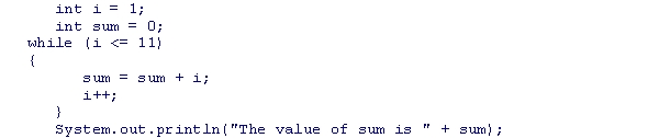 <strong>What is the output of the following code fragment? </strong> A)The value of sum is 65. B)The value of sum is 66. C)The value of sum is 55. D)The value of sum is 56.