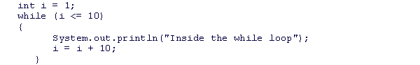 <strong>What is the output of the following code snippet? </strong> A)No output because of compilation error. B)Inside the while loop will be displayed 10 times. C)No output after successful compilation. D)Inside the while loop will be displayed only once.