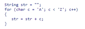 <strong>Given the following code snippet, what should we change to have 26 alphabet characters in the string str? </strong> A)int c = 'A' B)str = c + str; C)c <= 'Z' D)must change to use a do loop