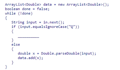 <strong>Which statement, inserted at the indicated blank line, will correctly terminate this loop when the end of input is reached (detected when the user enters the letter Q)? </strong> A)stop; B)done = 1; C)exit; D)done = true;