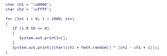 <strong>What does the following code snippet display? </strong> A)It displays random Unicode characters. B)It displays random ASCII characters. C)Nothing because it has compilation error. D)It displays the hexadecimal characters between '0' and 'F.'