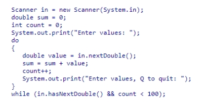 When will the loop in the following code snippet stop? I.when the user enters an integer II.when the user enters an alphabetic character III.after the user enters 100 numbers