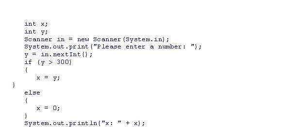 <strong>Assuming that the user provides 303 as input, what is the output of the following code snippet? </strong> A)x: 0 B)x: 300 C)x: 303 D)There is no output due to compilation errors.