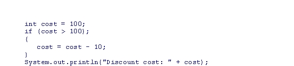 <strong>The following code snippet contains an error.What is the error? </strong> A)Syntax error (won't compile) B)Logical error: use of an uninitialized variable C)Logical error: if statement has do-nothing statement after if condition D)Logical error: assignment statement does not show equality