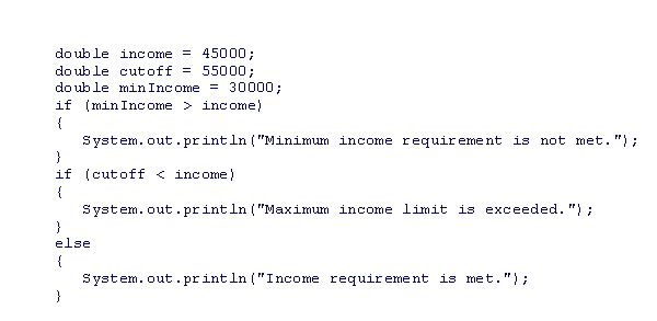 <strong>What is the output of the following code snippet? </strong> A)Minimum income requirement is not met. B)Maximum income limit is exceeded. C)Income requirement is met. D)There is no output.