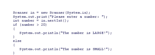 <strong>Assuming that a user enters 15 as input, what is the output of the following code snippet? </strong> A)There is no output due to compilation errors. B)The number is LARGE! C)The number is SMALL! D)The number is LARGE! The number is SMALL!