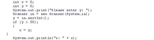 <strong>Assuming that the user provides 49 as input, what is the output of the following code snippet? </strong> A)x: 0 B)x: 49 C)x: 50 D)There is no output due to compilation errors.