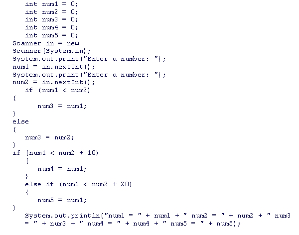 <strong>Consider the following code snippet.Assuming that the user enters first 20 and then 12 as the two input values, what is the output of the code snippet? </strong> A)num1 = 20 num2 = 12 num3 = 20 num4 = 20 num5 = 0 B)num1 = 20 num2 = 12 num3 = 12 num4 = 0 num5 = 20 C)num1 = 20 num2 = 12 num3 = 12 num4 = 20 num5 = 0 D)num1 = 20 num2 = 12 num3 = 20 num4 = 0 num5 = 20