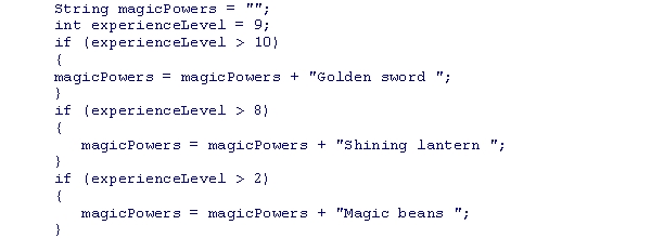 <strong>What is the value of the magicPowers variable after executing the following code snippet? </strong> A)Golden sword Shining lantern Magic beans B)Shining lantern Magic beans C)Magic beans D)An empty string