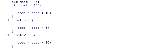 <strong>What is the value of the cost variable after the following code snippet is executed? </strong> A)82 B)92 C)184 D)164