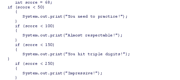 <strong>Consider the following code snippet.What is the output? </strong> A)You need to practice! B)Almost respectable!You hit triple digits! C)You hit triple digits!Impressive! D)Almost respectable!You hit triple digits!Impressive!