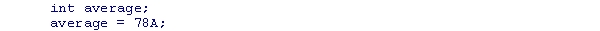 <strong>What is wrong with the following code snippet? </strong> A)The average variable is never initialized. B)The data type for the average variable is not specified. C)The average variable is never assigned a value. D)The average variable is assigned a non-numeric value.