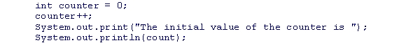 <strong>What is the output of the following code snippet? </strong> A)The initial value of the counter is 0 B)The initial value of the counter is 1 C)The code will not compile D)The initial value of the counter is