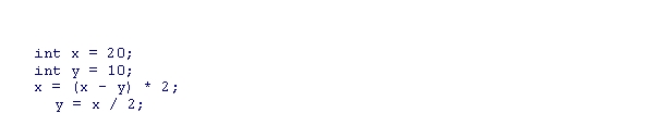 <strong>What will be the value of the variables x and y after the given set of assignments? </strong> A)x = 40, y = 20 B)x = 20, y = 10 C)x = 10, y = 20 D)x = 20, y = 20