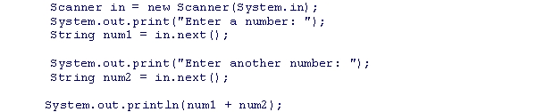 Assuming that the user enters 23 and 45 as inputs for num1 and num2, respectively, what is the output of the following code snippet?