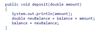 Assuming the following code is the body of the deposit method, what output is generated by the valid call myAccount.deposit(1000) for an account with an initial balance of 500?   