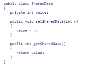 Examine the SharedData class shown below.Suppose two threads are created so that each has access to the same SharedData object.Thread one calls setSharedData eight times with values 1...8 respectively, sleeping for 30 milliseconds between calls.Thread two calls getSharedData eight times, also sleeping for 30 milliseconds between calls.Which of the following orders of values is not possible for thread two to receive? A.1,2,3,4,5,6,7,8 B.1,2,2,4,5,6,7,8 C.1,2,3,4,5,6,8,8 D.1,2,3,4,5,6,8,7