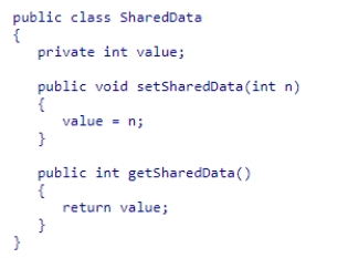 Examine the SharedData class shown below.Suppose two threads are created so that each has access to the same SharedData object.Thread one calls setSharedData eight times with values 1...8 respectively, sleeping for 100 milliseconds between calls.Thread two calls getSharedData eight times, also sleeping for 100 milliseconds between calls.Which of the following could be the last two values received by thread two? A.9, 10 B.10, 9 C.1, 2 D.8, 7