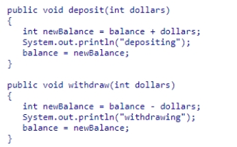 Assume two threads share a BankAccount object with balance of zero (0), and that the BankAccount class provides deposit and withdraw methods as shown below.Thread one deposits $10 ten times and, concurrently, thread two withdraws $10 ten times.Suppose a race condition occurs, and the race is finished first by thread one.What would you expect balance to be after all thread calls? A.$10 B.$20 C.$0 D.a negative amount