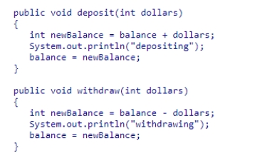 Assume two threads share a BankAccount object with balance of zero (0), and that the BankAccount class provides deposit and withdraw methods as shown below.Thread one deposits $10 ten times and, concurrently, thread two withdraws $10 ten times.If the balance after all thread calls is 0, which statement is definitely true? A.The calls were interleaved: thread one, thread two, thread one, thread two, … B.The first call was to the deposit method. C.The last call was to the withdraw method. D.Each individual call to the deposit and withdraw methods ran to completion.