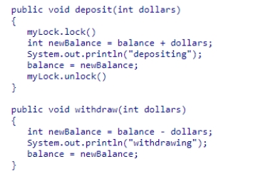 Assume two threads share a BankAccount object with balance of zero (0), and that the BankAccount class provides deposit and withdraw methods and has a ReentrantLock named myLock, as shown below.Note that only the deposit method uses the lock.Thread one deposits $10 ten times and, concurrently, thread two withdraws $10 ten times.Which statement regarding the balance after all thread calls is definitely true? A.The balance could be zero or positive. B.The balance is zero. C.The balance could be zero or negative. D.The balance is positive.