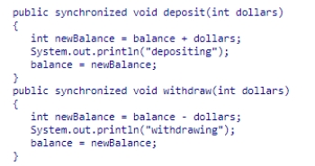Assume two threads share a BankAccount object with balance of zero (0), and that the BankAccount class provides synchronized deposit and withdraw methods.Thread one deposits $10 ten times and, concurrently, thread two withdraws $10 ten times.Which statement regarding the balance after all thread calls is definitely true? A.The balance could be zero or positive. B.The balance is zero. C.The balance could be zero or negative. D.The balance is positive.
