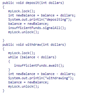 Assume three threads share a BankAccount object with a balance initially zero (0), a ReentrantLock named myLock, and a condition object on myLock named insufficientFunds, as shown below.Thread one calls withdraw(30), then thread two calls withdraw(20) and thread three calls deposit(45).What is the balance after the three calls and after the waiting threads have had a chance to run? A.0 B.15 or 25 C.45 D.-5