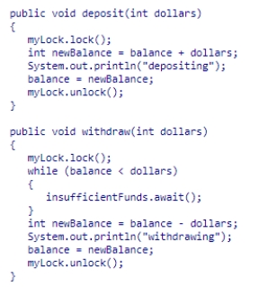 Assume three threads share a BankAccount object with a balance initially zero (0), a ReentrantLock named myLock, and a condition object on myLock named insufficientFunds, as shown below.Thread one calls withdraw(30), then thread two calls withdraw(20) and thread three calls deposit(45).What is the balance after the three calls? A.0 B.15 or 25 C.45 D.-5