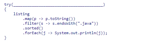 Fill in the blank in the following code snippet that displays the java files in the current directory.