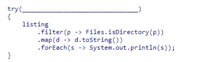 Fill in the blank in the following code snippet that displays the directory structure for the current directory, i.e., including the descendants of the current directory that are directories.