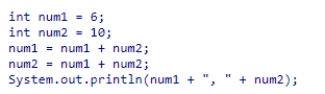 <strong>What is the output of the following code:   </strong> A)6, 10 B)16, 16 C)16, 22 D)16, 26 <div style=padding-top: 35px> 