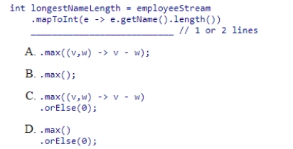 Complete the following statement that uses streams to find the length of the longest employee name.Assume that employeeStream is a stream of Employee objects and the getName method returns a String representing the employee's name.