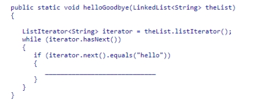 Select an appropriate expression to complete the following method, which is designed to visit the elements in theList and replace each occurrence of the string hello with the string goodbye.