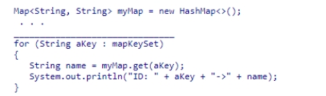 Complete the following code, which is intended to print out all key/value pairs in a map named myMap that contains String data for student IDs and names:   A.Map<String, String> mapKeySet = myMap.keySet(); B.Set<String, String> mapKeySet = myMap.keySet(); C.Set<String> mapKeySet = myMap.keySet(); D.Set<String> mapKeySet = myMap.getKeySet();<div style=padding-top: 35px> 