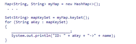 Complete the following code, which is intended to print out all key/value pairs in a map named myMap that contains String data for student IDs and names: