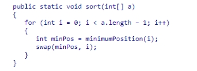 Consider the sort method shown below for selection sort: Suppose we modify the loop condition to read i < a.length.What would be the result? A.The sort would work exactly the same as before the code modification. B.The sort would work, but run one more iteration. C.The sort would work but with one less iteration. D.An exception would occur.