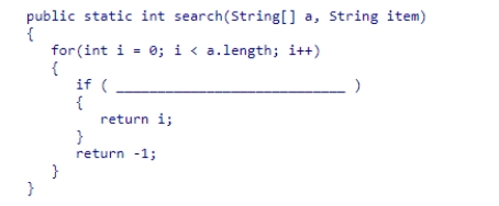 The partial linear search method below is designed to search an array of String objects.Select the expression that would be needed to complete the method.   A.a[i] == item B.a[i].compareTo(item) C.a[i].equals(item) D.a[i].indexOf(item)<div style=padding-top: 35px> 