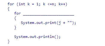 The code segment below displays a table of numbers.Select an expression to complete the code segment, so that the resulting algorithm has O(n2) running time. A.(int j = 1; j <= 200; j++) B.(int j = 1; j < k; j = j * 2) C.(int j = 0; j < k; j++) D.(int j = n; j > 0; j = j / 2)