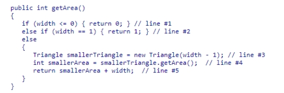 Consider the getArea method from the textbook shown below. Where is/are the recursive call(s)? A.lines #1 and #2 B.line #4 C.line #1 D.line #2